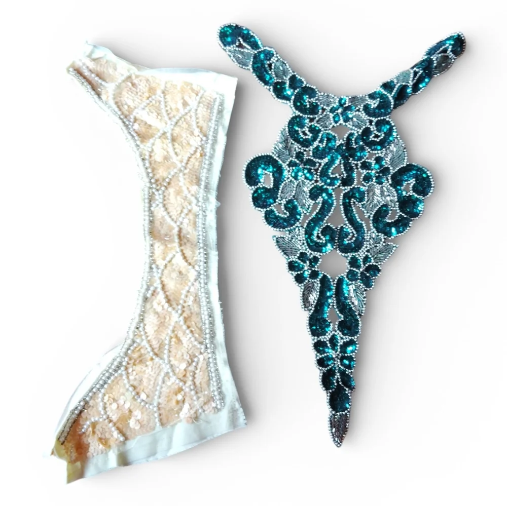 2 Sewing Appliques Dark Torquoise & Silver - Yellow Cream & White Pearl